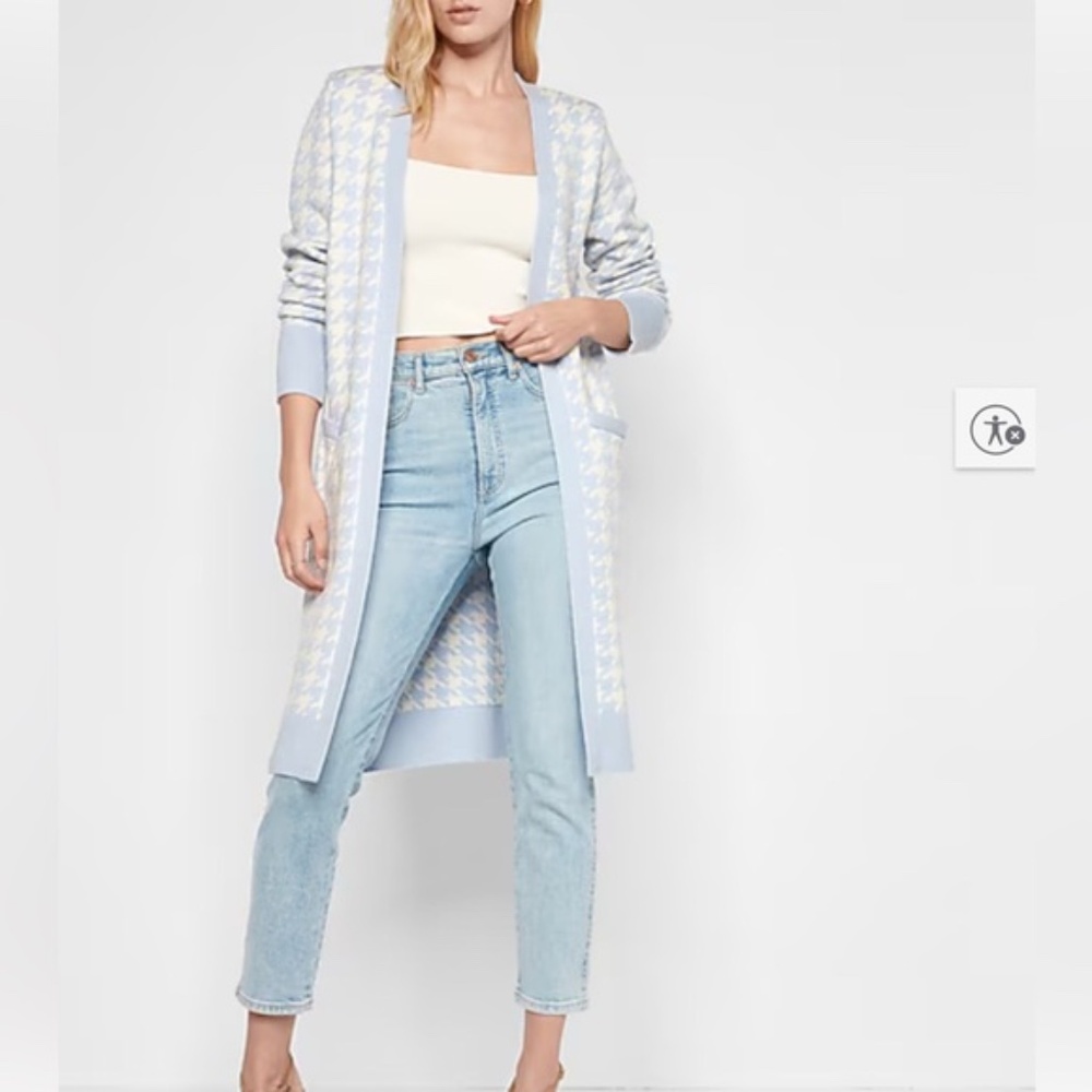 Express Blue and Cream Houndstooth Cardigan - Picture 2 of 9